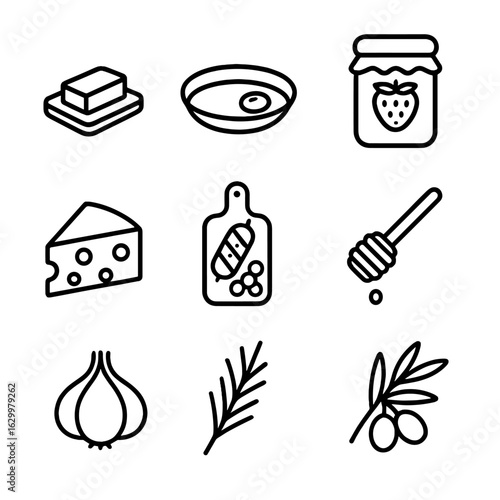 Bread Accompaniment Icons. Outline icon set of bread accompaniments: butter pat, olive oil dip, strawberry jam jar, cheese wedge,