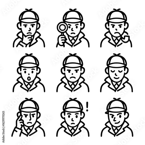 Detective Emotions Icons. Outline icon set of detective emotions: suspicion, curiosity, determination, surprise, frustration,