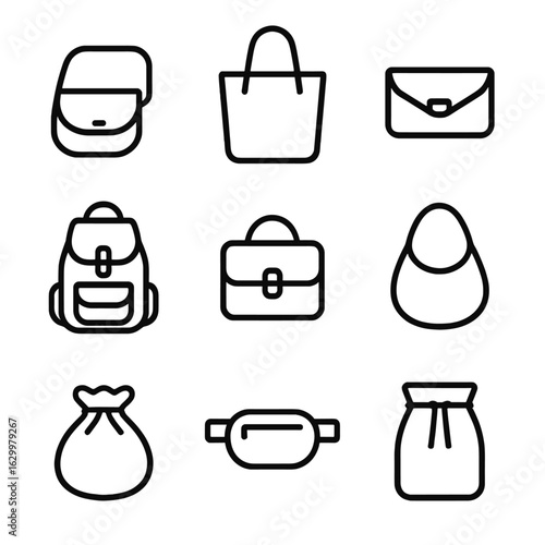 Bag Styles Icon Set. Outline icon set of bag styles: crossbody, tote, clutch, backpack, satchel, hobo, drawstring, belt bag,