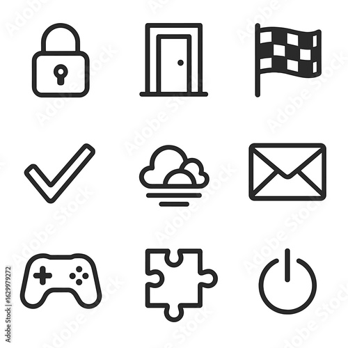 Closure Icon Set. Outline icon set of closure themes: locked padlock, door closing, finish flag, final checkmark, sunset clouds,