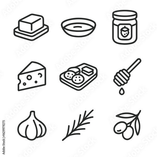 Bread Accompaniment Icons. Outline icon set of bread accompaniments: butter pat, olive oil dip, strawberry jam jar, cheese wedge,