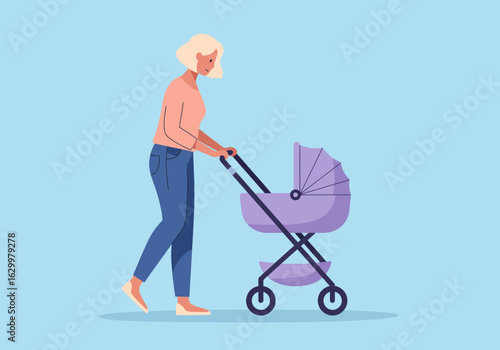 Woman Pushing a Purple Baby Stroller with a Hood, Walking Forward