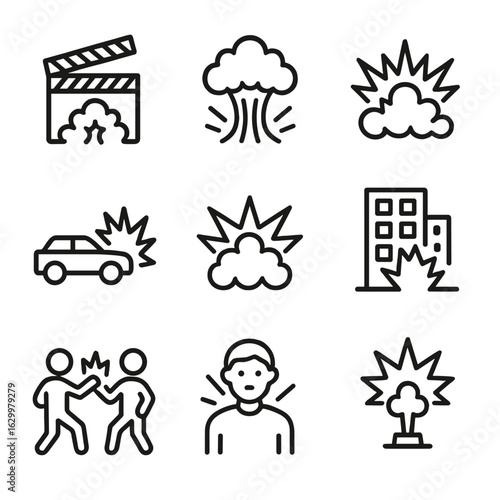 Cinema Explosions Icons. Outline icon set of boom in cinema: action movie explosion, dramatic scene climax, cinematic blast,