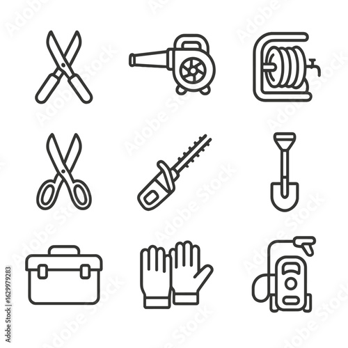 Backyard Maintenance Icons. Outline icon set of backyard maintenance: pruning shears, leaf blower, hose reel, garden scissors,