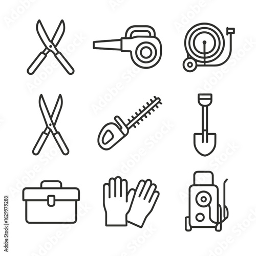 Backyard Maintenance Icons. Outline icon set of backyard maintenance: pruning shears, leaf blower, hose reel, garden scissors,