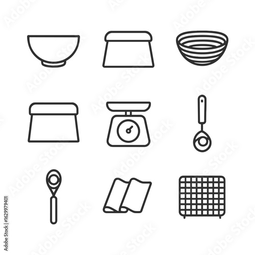 Breadmaking Tool Icons. Outline icon set of breadmaking tools: mixing bowl, dough scraper, proofing basket, bench scraper, bread