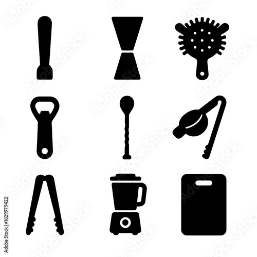 Bar Tools Icon Set. Solid, filled icon set of home bar tools: muddler, jigger, strainer, bottle opener, bar spoon, citrus squeezer