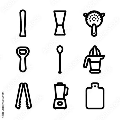 Bar Tools Icon Set. Solid, filled icon set of home bar tools: muddler, jigger, strainer, bottle opener, bar spoon, citrus squeezer