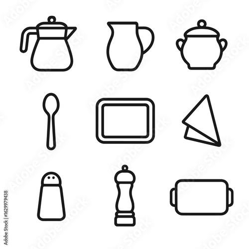 Breakfast Tableware Icons. Outline icon set of breakfast tableware and utensils: coffee pot, milk jug, sugar bowl, teaspoon,