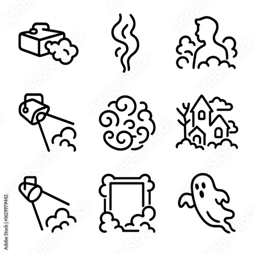 Cinematic Fog Outline Icons. Outline icon set of cinematic fog effects: fog machine, smoke trail, silhouetted actor, stage light