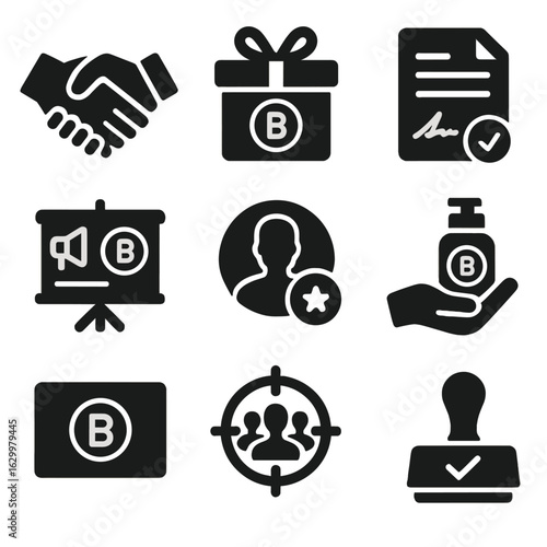 Brand Collaboration Icons. Solid, filled icons set of brand collaborations: handshake, branded gift box,