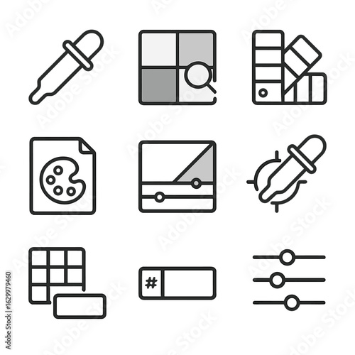 Digital Color Tools Icons. Outline icon set of digital color tools: eyedropper tool, color picker, swatch library, palette export,