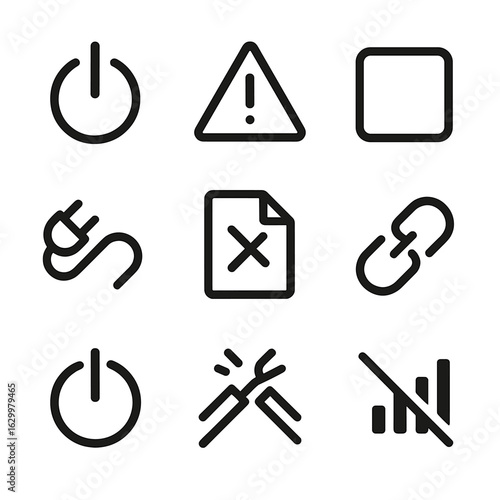 Digital End Icons. Outline icon set of digital end signs: power off, error symbol, stop button, disconnected plug, file deleted,