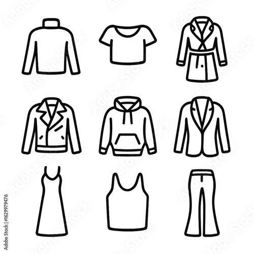 Clothing Style Icons. Outline icon set of clothing styles: turtleneck, crop top, trench coat, leather jacket, hoodie, blazer, maxi
