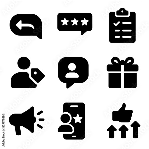 Brand Interaction Icons. Solid, filled icons set of brand audience interaction: brand reply, customer review,
