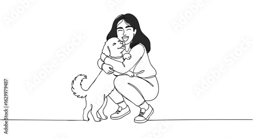 Heartwarming one-line art of a happy woman crouching and hugging her beloved dog. A simple, minimalist illustration of companionship.