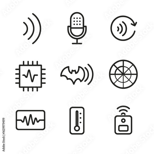 Bat Echolocation Icons. Outline icon set of bat echolocation technology: sonar pulse waves, ultrasonic microphone, echo return