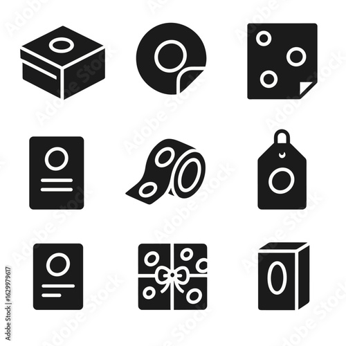 Branded Packaging Icons. Solid, filled icons set of promotional and branded packaging: custom printed box,