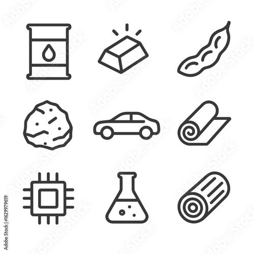 BRICS Exports Icons. Outline icon set of BRICS major exports: oil barrel, gold ingot, soybean pod, coal lump, automobile