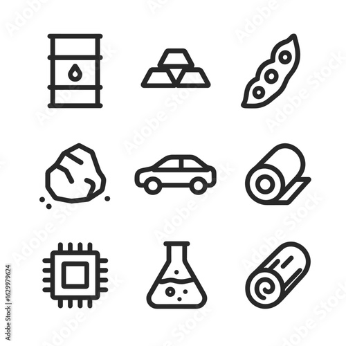 BRICS Exports Icons. Outline icon set of BRICS major exports: oil barrel, gold ingot, soybean pod, coal lump, automobile