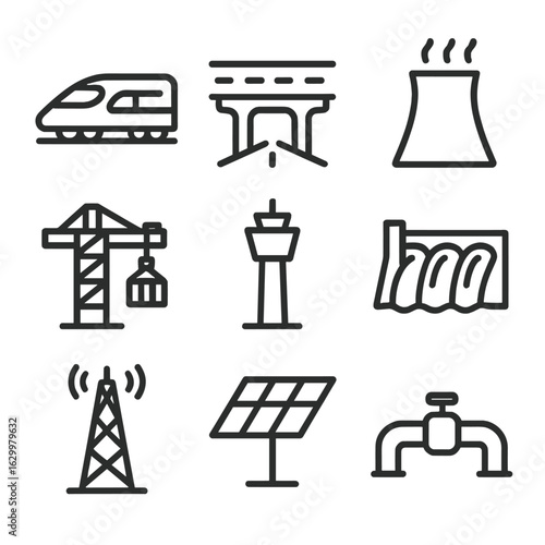 BRICS Infrastructure Icons. Outline icon set of BRICS infrastructure projects: high-speed train, highway overpass, power plant