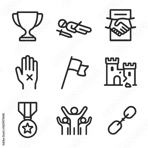 Battle Outcomes Icon Set. Outline icon set of battle outcomes: trophy cup, fallen soldier, peace treaty, wounded hand, captured