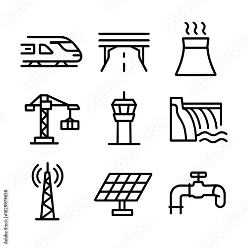BRICS Infrastructure Icons. Outline icon set of BRICS infrastructure projects: high-speed train, highway overpass, power plant