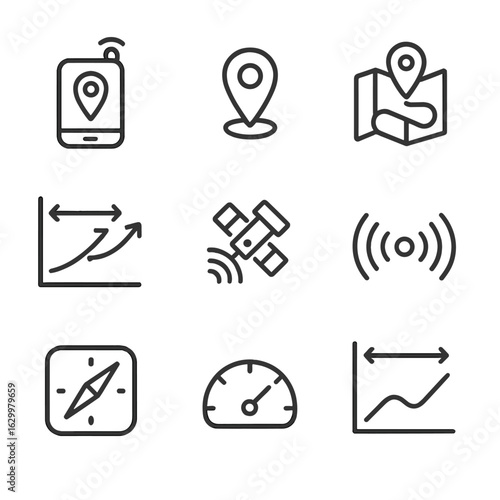 Digital Navigation Icons. Outline icon set of digital distance metrics: GPS tracker, location pin, map route, distance chart,