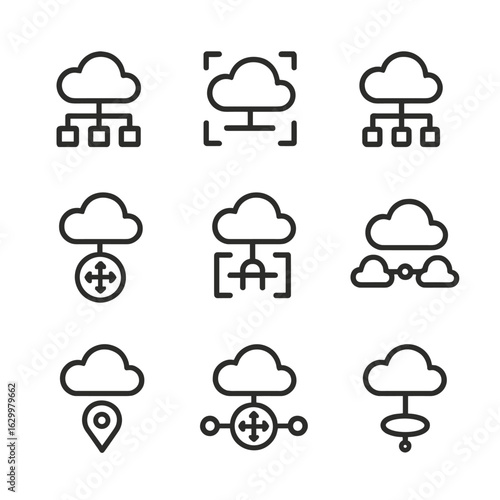 Cloud Networking Icons. Outline icon set of cloud networking: virtual network, VPC, subnet, load balancer, API gateway, peering