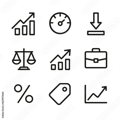BRICS Economic Icons. Outline icon set of BRICS economic indicators: GDP growth chart, inflation gauge, unemployment rate bar,
