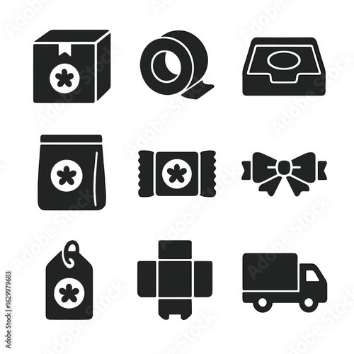 Branded Packaging Icons. Solid, filled icons set of branded packaging components: logo on box, color tape,