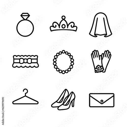 Bridal Accessory Icons. Outline icon set of bridal accessories: engagement ring, tiara, veil, garter, pearl necklace, lace gloves,