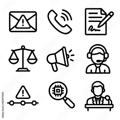 Breach Notification Icons. Outline icon set of Breach notification process: email alert, phone call, document