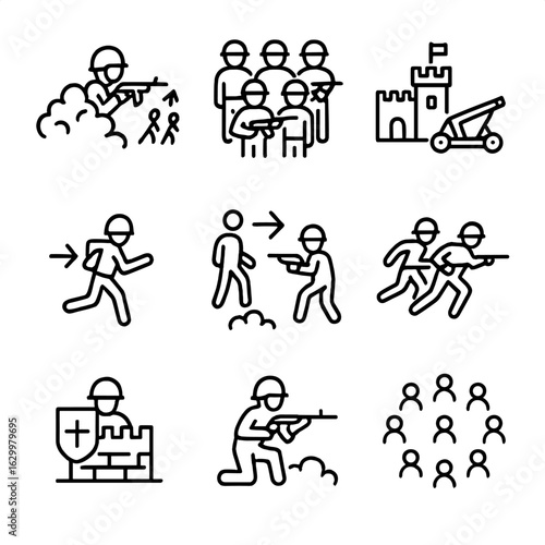 Battle Tactics Icons. Outline icon set of battle tactics: ambush, formation, siege, retreat, flank attack, charge, defense wall,