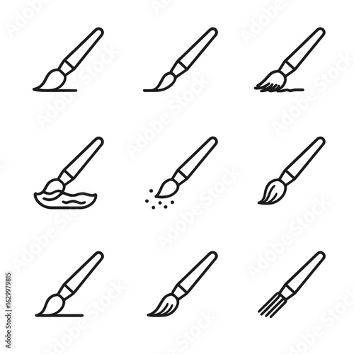 Brush Technique Icons. Outline icon set of brush techniques: broad stroke, fine line, dry brush, wet wash, stippling, scumbling,