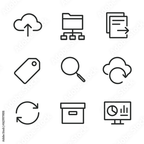 Digital Workspace Icons. Outline icon set of organize in digital workspace: cloud storage, folder structure, file sorting, tagging