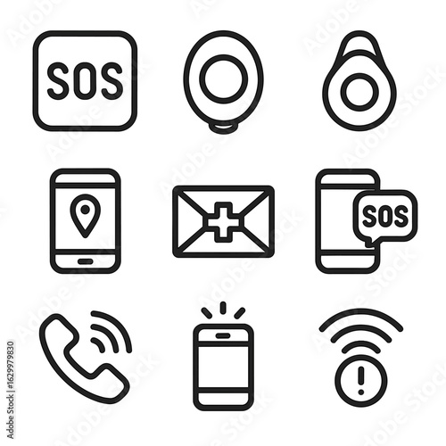 Digital SOS Icons. Outline icon set of digital SOS: SOS button app, panic button icon, wearable SOS device, GPS location share,