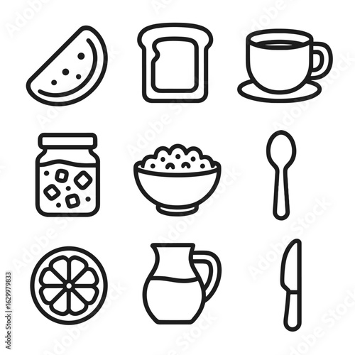 Breakfast Icons Grid. Outline icon set of quick breakfast foods: omelette, toast, coffee cup, jam jar, cereal