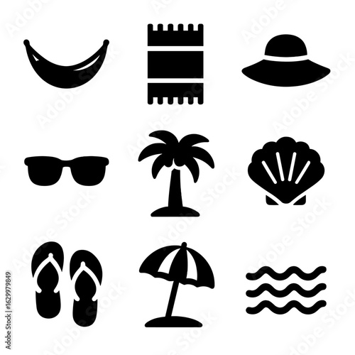 Beachside Nap Icons. Solid, filled icon set of beachside nap: hammock, beach towel, sun hat, sunglasses, palm tree, seashell, flip