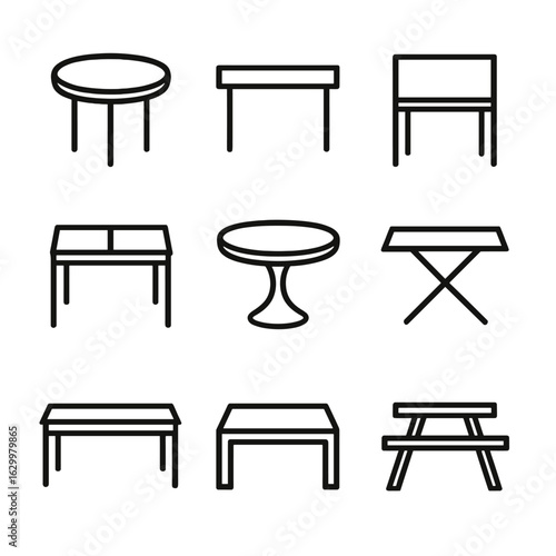 Dining Table Icons. Outline icon set of dining tables: round table, rectangular table, square table, extendable table, pedestal