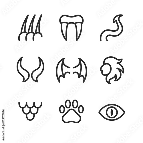 Beast Anatomy Icons. Outline icon set of beast anatomy: claws, fangs, tail, horns, wings, mane, scales, paws, eyes. Line icons in