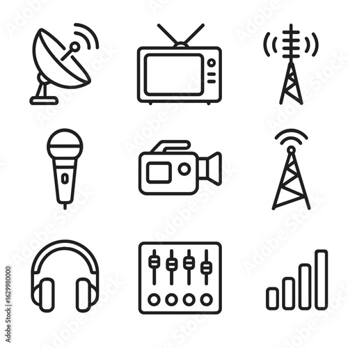 Broadcast Equipment Icons. Outline icon set of broadcasting equipment: satellite dish, TV screen, antenna,