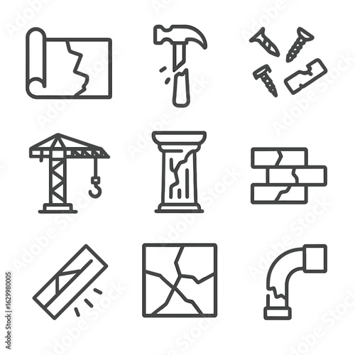 Dismantling Process Icons. Outline icon set of progressive dismantling: torn blueprint, broken hammer, scattered screws,