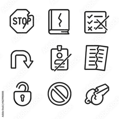 Disobedience Icon Set. Outline icon set of disobedience: broken stop sign, shattered rule book, crossed out checklist, bent arrow,