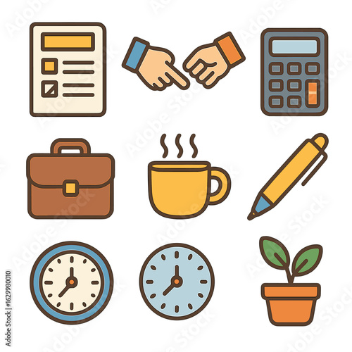 Business Icons Grid. Flat vector mini-illustrations negotiating term sheet in colors children's illustrations: term sheet paper,