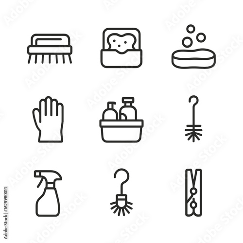 Cleaning Tools Icons. Outline icon set of cleaning accessories: scrub brush, sponge holder, soap dish, gloves, cleaning caddy,
