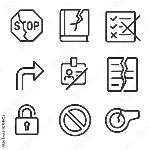 Disobedience Icon Set. Outline icon set of disobedience: broken stop sign, shattered rule book, crossed out checklist, bent arrow,