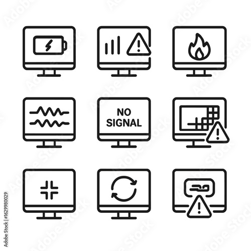 Display Warning Icons. Outline icon set of display warnings: low battery, signal lost, overheating, screen flicker, no signal,