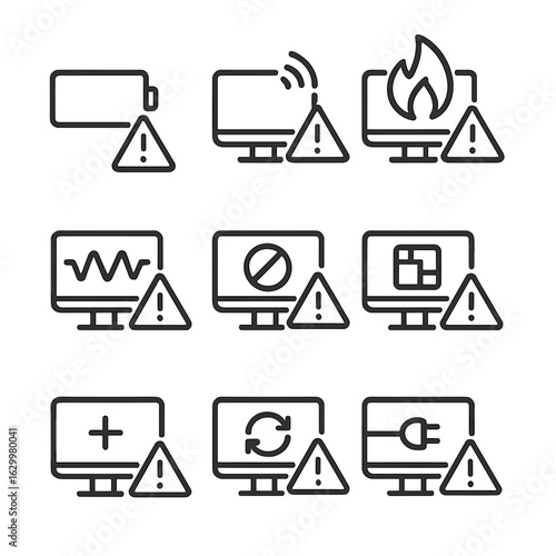 Display Warning Icons. Outline icon set of display warnings: low battery, signal lost, overheating, screen flicker, no signal,
