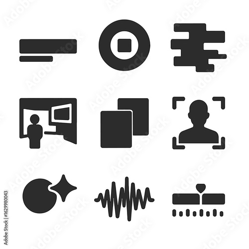 Broadcast Icon Grid. Solid, filled icons set of broadcast visuals: lower third, logo animation, glitch effect,